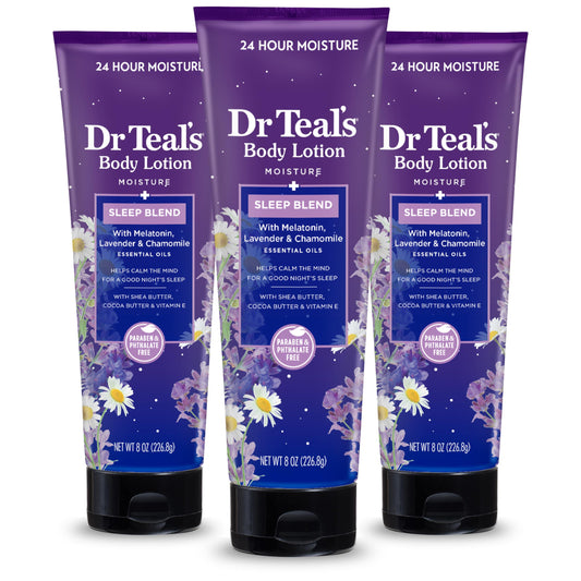 Dr Teal'S Sleep Body Lotion, 24-Hour Moisture, With Melatonin, Lavender & Chamomile Essential Oils, 8 Fl Oz (Pack Of 3)(Packagin