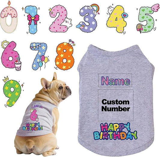 Custom Dog Birthday Shirt,Personalized Pet Apparel Print with Name Age Number,Pet Birthday Outfit,Lightweight Breathable Cotton Vest for Small Medium Large Dogs Cat (Grey, Large)