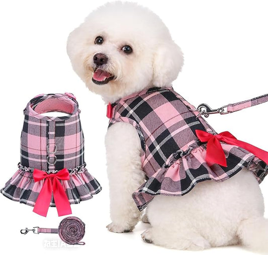 EXPAWLORER Dog Harness Small Medium Sized Dogs, Plaid Dog Dress Bowknot Harness and Leash Set, No Choke No Pull Soft Mesh Vest Cute Princess Puppy Outfits Clothes Costume for Girls Party Cats Pink XS