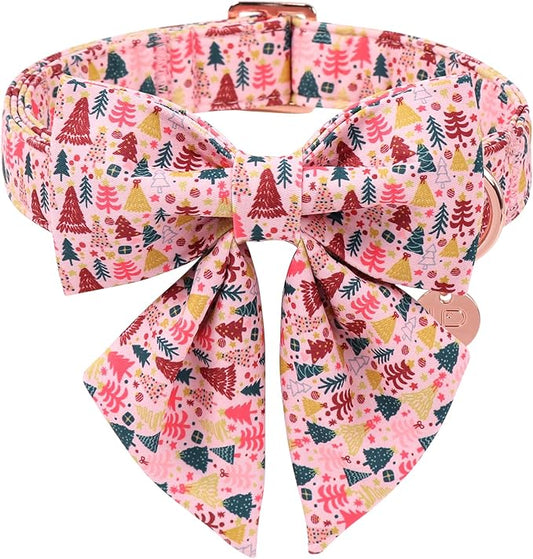 Christmas Dog Collar with Bow Tie, Pink Christmas Tree Collars for Dogs, Adjustable Pet Collar with Cute Xmas Tree Pendant, Winter Dog Accessories for Small Medium Large Dogs S