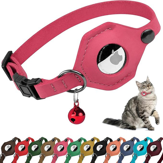 Breakaway Airtag Cat Collar with Removable Bell - Leather Pet Collar with Apple Air Tag Holder - Adjustable GPS Collars for Girl Boy Cats Kitten Puppy - Lightweight, Cute and Comfortable (Pink)