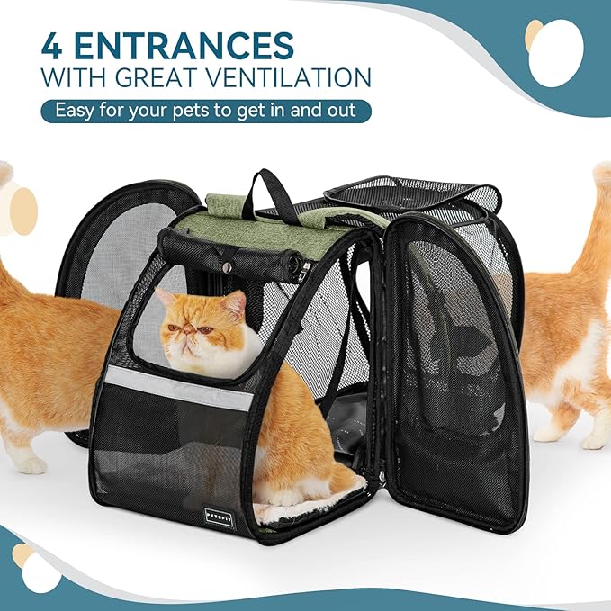 Petsfit Cat Backpack Carrier,Dog Carrier Backpacks Expandable with Great Ventilation Foldable Puppy Backpack Carrier for Travel, Hiking,Green