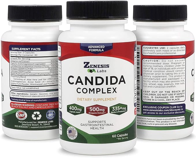 Zenesis Labs Candida Complex Cleanse Detox Caprylic Acid Supplement, Oregano Extract, Probiotics, Enzymes - Bulk 180 Capsules, 90 Day Supply (60 Capsules/Bottle)