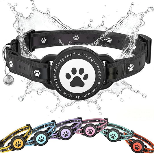 Airtag Cat Collar Breakaway, Reflective Cat Collar with AirTag Holder and Bell, Compatible with Apple Air Tag, Comfortable Padding, Adjustable, Durable (Black, S)