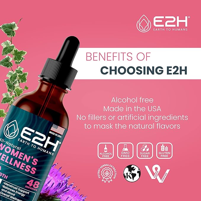 E2H All Natural Women's Wellness, Hormone Balance and PMS Relief with Black Cohosh, Dong Quai and Licorice Root for Hot Flash Relief - 2 Fl Oz