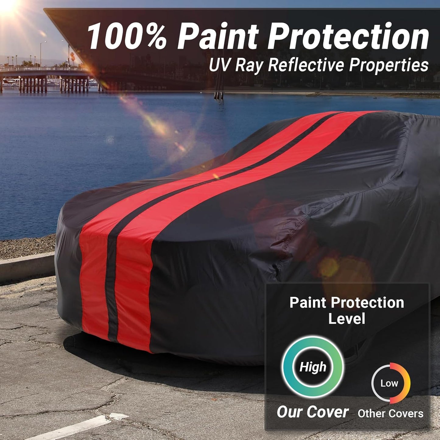 iCarCover Custom Car Cover for Pontiac Safari Wagon (1955-1957) Waterproof All-Weather Rain Snow UV Sun Protector Full Exterior Indoor Outdoor Car Cover (Stripe - Black/Red)