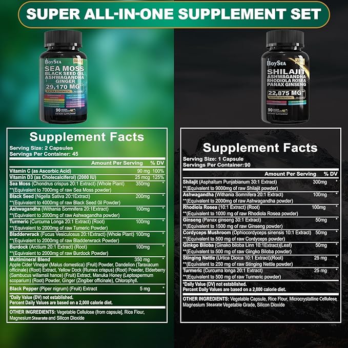Boysea.Shilajit and Sea Moss Bundle- 90 Count - Sea Moss 7000mg, Black Seed Oil 4000mg, Ashwagandha 2000mg, Ginger & Shilajit 9000mg, Rhodiola Rosea 1000mg, All in 1 Supplements (1 Pack)
