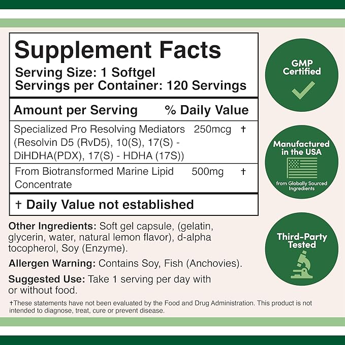 SPM Max (Specialized Pro-Resolving Mediators) 120 Softgels, 500mg (Only Product Standardized and Third Party Tested to Contain Active SPMs, Check The Supplement Fact Panel) by Double Wood