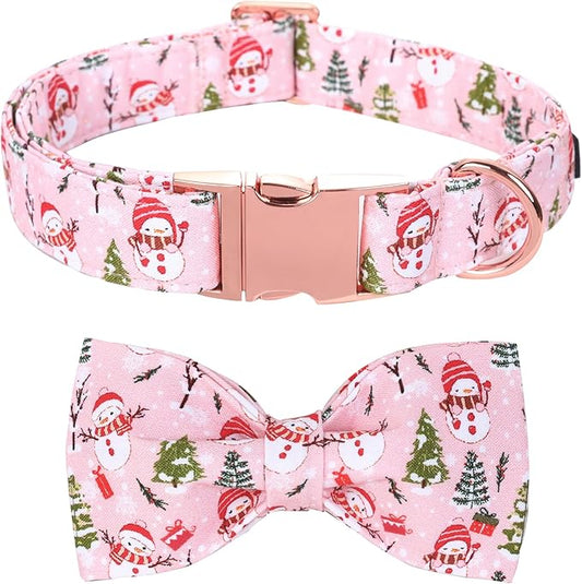 Christmas Dog Collar, Christmas Tree and Snowman Print Cute Winter Holiday Collars Cotton Adjustable Comfortable Pink Dog Collar with Bow,Stylish Collars for Small Girl Dogs