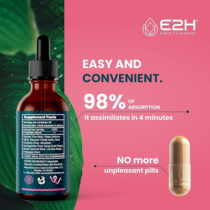 E2H All Natural Women's Wellness, Hormone Balance and PMS Relief with Black Cohosh, Dong Quai and Licorice Root for Hot Flash Relief - 2 Fl Oz