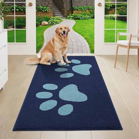 Buganda Dog Door Mat for Muddy Paws, Absorbent Dirt Trapper Washable Indoor Doormats, Non Slip Low-Profile Mud Mat for Dogs, Front Entrance Doormat for Inside Floor (47x24 Inches, Dark Blue)