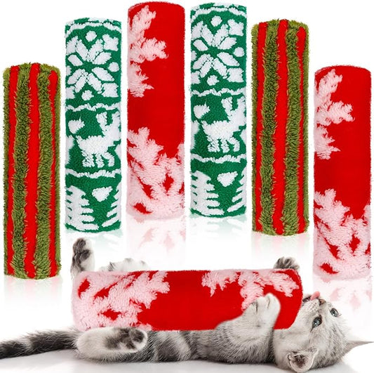 Civaner 6 Pcs Christmas Cat Catnip Toy for Indoor Cat 10.6 Inch Kitten Kicker Stick Catnip Toy with Crinkle Sound Soft Plush Kitten Pillow for Chew Exercise Gift (Red, Green, Red Green Stripes)