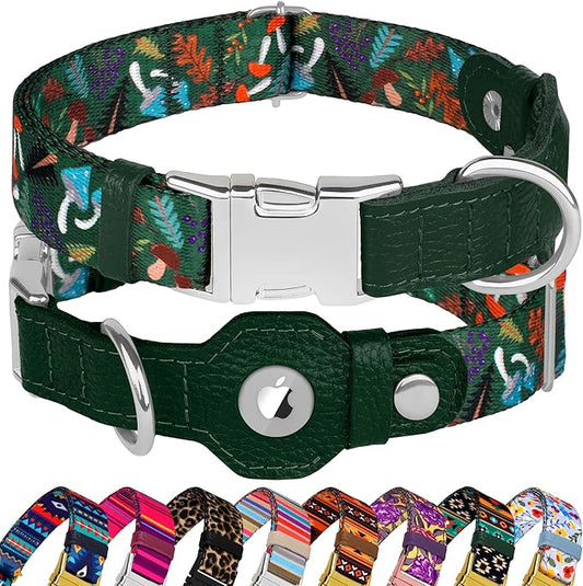 AirTag Dog Collar for Small Medium Large Breed - Adjustable Cute Pattern Dog Collar with Airtag Holder - Soft Leather Tracker GPS Apple Air Tag Pet Collars (Small, 12"-15" Neck Fit, Mushroom)