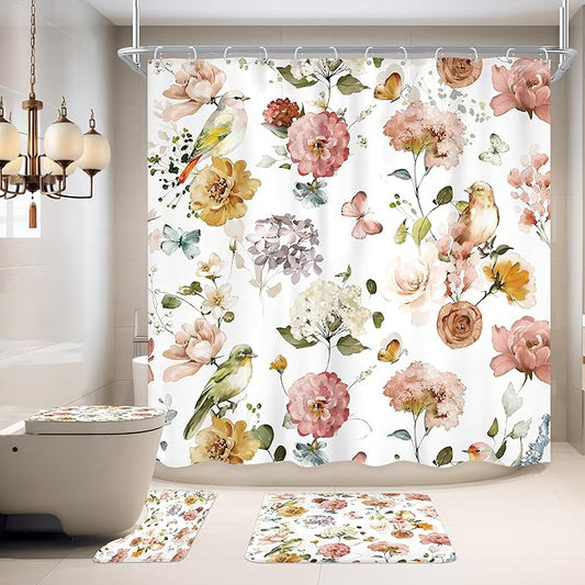 4 PCS Spring Floral Birds Bathroom Set with Shower Curtain and Rugs 72Wx72H Inch Flower Plant Watercolor Non-Slip Bath Rug Toilet Lid Cover and U Shape Mat Accessories 12 Hooks Bathoom Decor