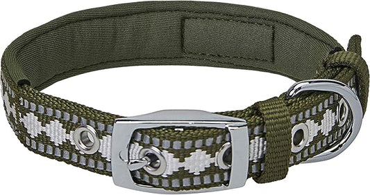Blueberry Pet Reflective Jacquard Dog Collar with Neoprene Padding & Metal Buckle | Soft & Adjustable Safety Collar - Olive, Neck 9-12.5", for Small Breed