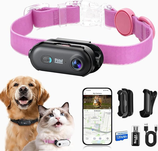4K UHD Dog& Cat Pet Camera Collar, Video Recorder with Phone App View, Outdoor & Indoor POV Action Cam for Small and Medium-Size Dogs(Black - Pink Waterproof Collar - M, 128g)