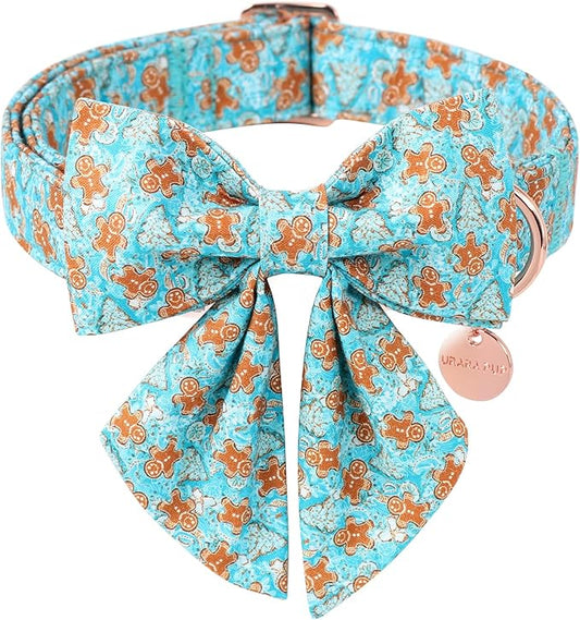 Christmas Dog Collar with Bow Tie,Adjustable Gingerbread Pet Collar,Chriatmas Puppy Bowtie Collar for Small Medium Large Dogs,M,Neck 13.5-22in