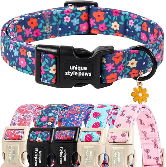 Unique style paws Dog Collar Plastic Buckle with Pendant Puppy Collar for Spring Summer Blue-Colored Flower for Small Medium Large Boys Girls Dogs