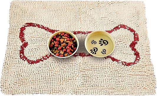 Soggy Doggy Slopmat Dog Food Mat – Absorbent Microfiber Chenille Pet Feeding Mat for Food & Water Bowls, Muddy Paws Small Doormat, Non-Slip, Machine Washable Rug – Beige/Red Bone, 18” x 24”