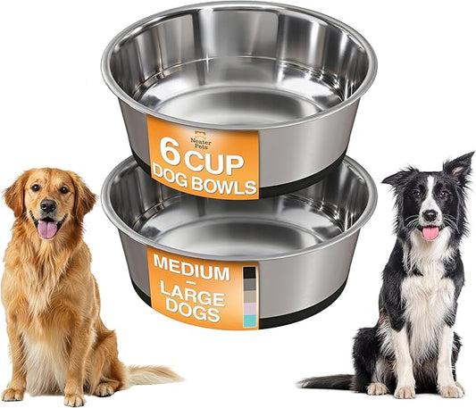 Neater Pet Brands Stainless Steel Dog Bowls with Non-Slip Rubber Bottom – Set of 2, 6 Cup (48 oz), Black - Heavy Duty Metal Dog Bowl, Dishwasher Safe, Food or Water Bowl, Ideal for Large Dogs