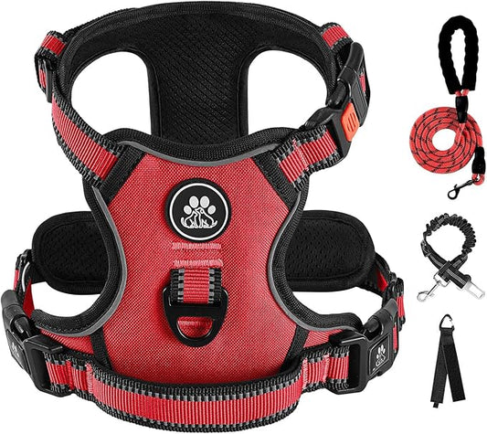 IVY&LANE No Pull Dog Harness for Medium Dogs, Dog Vest Harness with Leash, Safety Belt and Storage Strap, Fully Adjustable, 360° Reflective Strip, Soft Handle (Red, M)