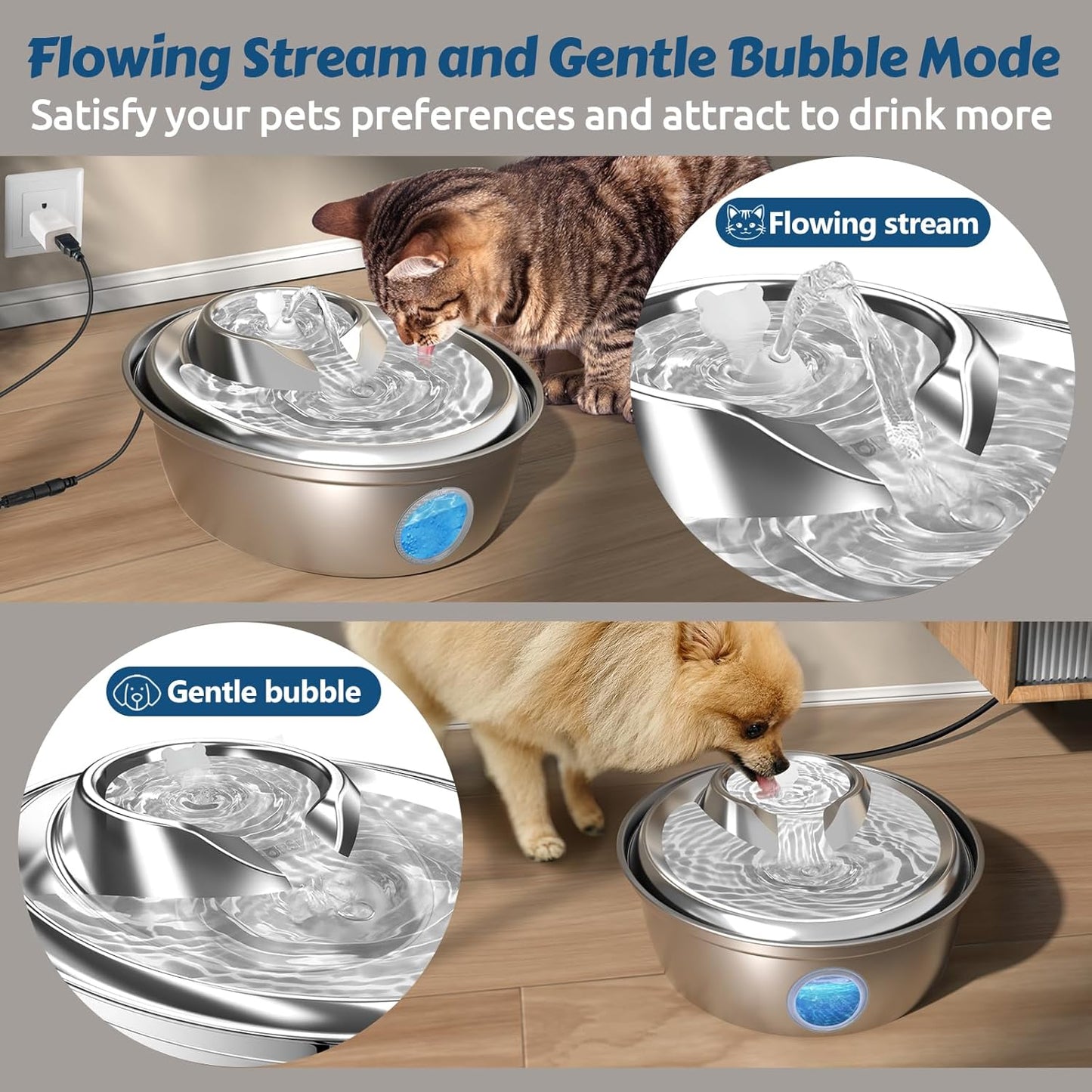 ORSDA Cat Water Fountain Stainless Steel 67oz/2L, Automatic Pet Drinking Fountain with Water Level Window, Dog Water Bowl for Cats and Small Dogs- 12Pcs Filters (D36)