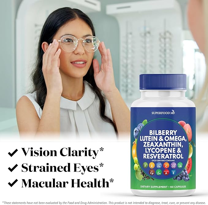 Superfood MD Eye Health Vitamins with Bilberry Lutein & Zeaxanthin Lycopene Resveratrol Grape Seed Extract Astaxanthin - AREDS 2 - Eye Vitamin - 180 Capsules