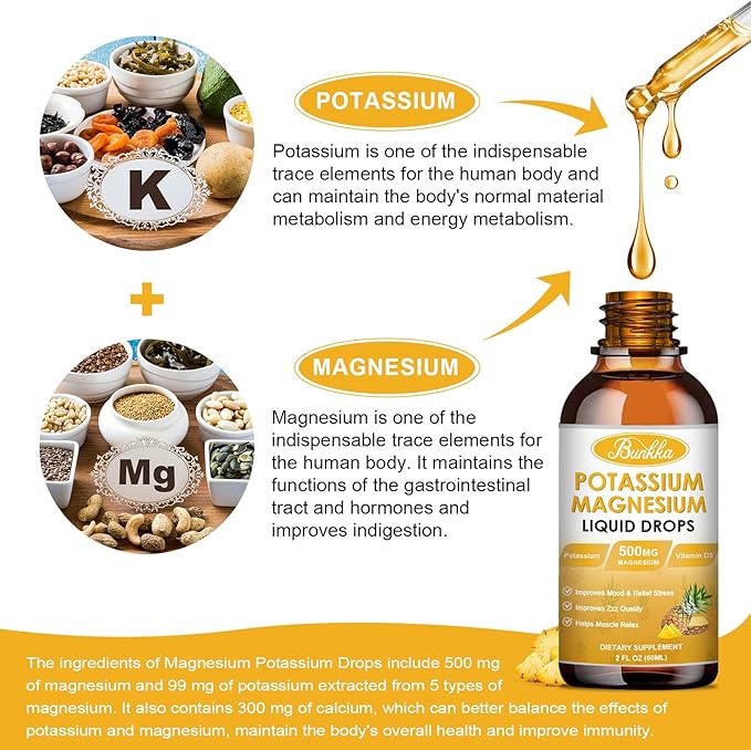 Potassium Magnesium Supplement, Potassium Supplement with Magnesium, Calcium, Vitamin D3, Zinc, Sugar Free & Vegan Liquid Drops for Leg Cramps, Energy, Metabolism, for Adult and Kid