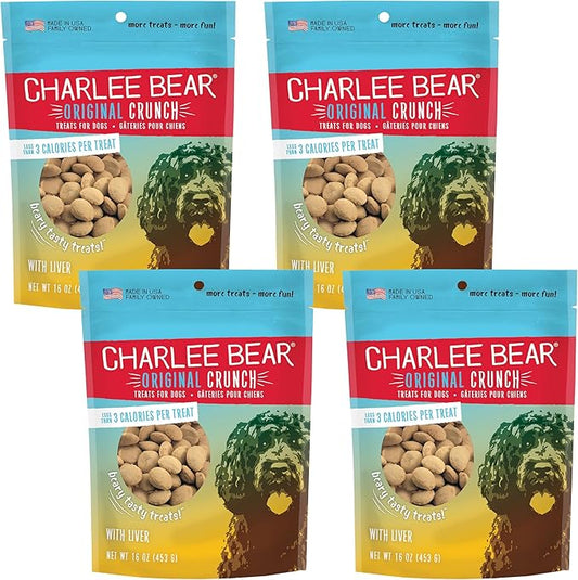 Charlee Bear Original Crunch Dog Training Treats, Liver Flavor, 3 Calories Each, Low Calorie Natural Rewards for Puppies to Adult Dogs, Made in USA, 16 oz (4-Pack)