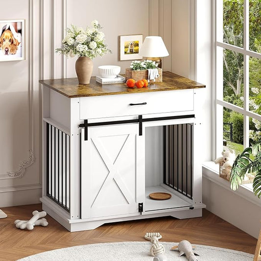37 Inch Dog Crate Furniture with Double Doors, Modern Farmhouse Indoor Kennel for Small to Medium Dogs, Dual Drawer Storage Table, Media Console TV Stand and Sideboard