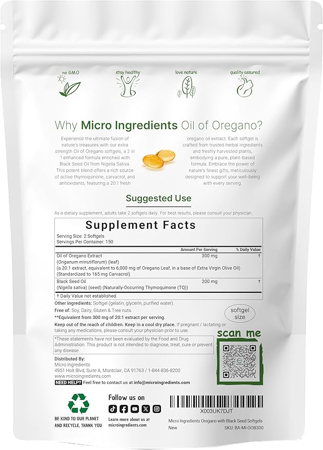 Micro Ingredients Oil of Oregano 6,000mg Softgels & Pure Magnesium Glycinate 1,000mg Capsules Bundle 2 Pack | 4X Strength Thymoquinone with Black Seed | Chelated Form for Max Absorption