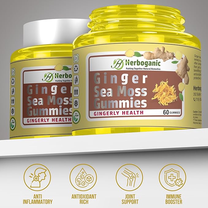 Ginger Sea Moss Gummies - Herbal Support for Immune & Digestive Health - Plant-Powered, Gluten-Free & Vegan-Friendly - 60 Count