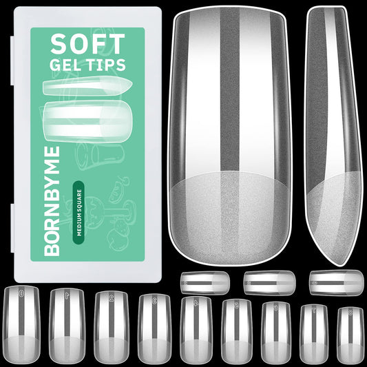 Soft Gel Nail Tips Medium Square, 600 Pcs Pre Buff Full Cover Shaped Nail Extenison Tips Matte Gel X Nail Tips Acrylic False Nai