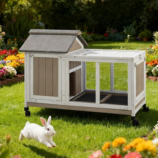 38''L Rabbit Hutch Outdoor with Wheels, Wooden Expandable 2 Story Bunny House Rabbit Cage Indoor with Run, Pull Out Tray, Waterproof Roof, Guinea Pig Cage Chicken Coop for Small to Medium Pets