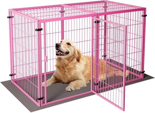 XPIY Large Dog Crate – 57 Inch Metal Kennel for Medium and Small Dogs, Safe Indoor & Outdoor XL Big Puppy Bottomless Cage with Comfort Mat, Pet Playpen Yard, Dog Fence Playpen (Pink)
