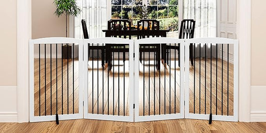 Freestanding Pet Gate for Dogs, Indoor Wooden Dog Gate for House, Foldable Dog Gate for Doorway, Stair, Gates for Dogs Indoor, 80 Inch Wide, 4 Panels 32", White