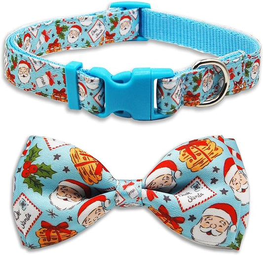 Christmas Dog Collar with Bow Tie Set, Holiday Santa Claus Pattern Pet Collar for Small Medium Large Dogs, Adjustable Puppy Collar with Quick Release Buckle