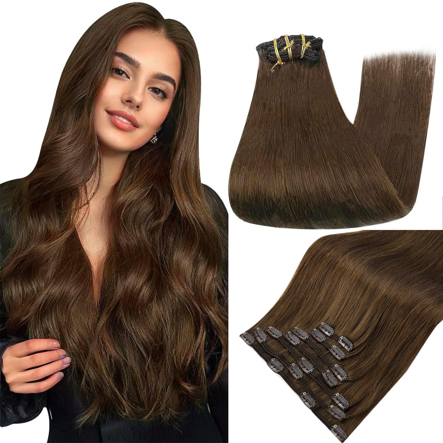 Full Shine 10 Inch Brown Clip In Hair Extensions Human Hair #4 Medium Brown Hair Extenisons Clip In Human Hair Brunette Hair Cli