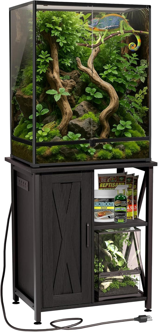 45-67 Gallon Reptile Tank Stand with Power Outlet, Terrarium Stand with Storage Cabinet, 24" Wx18 D Tabletop, Reptile Terrarium, Black PG12XYB