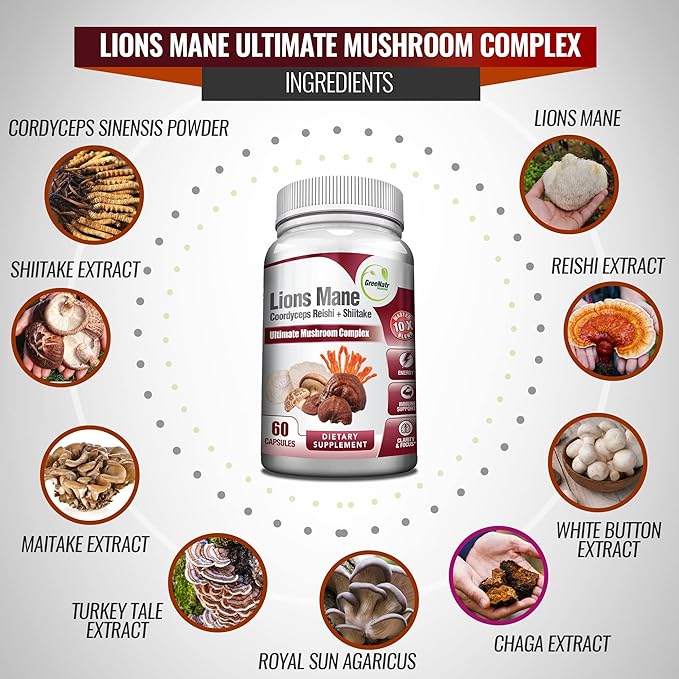 Complete Mushroom Supplement -10 in 1 Complex with Lions Mane, Cordyceps, Shiitake, Chaga, Turkey Tail for Immune Support, Memory, Focus & Natural Energy Booster - 60 Capsules (1 Bottle)
