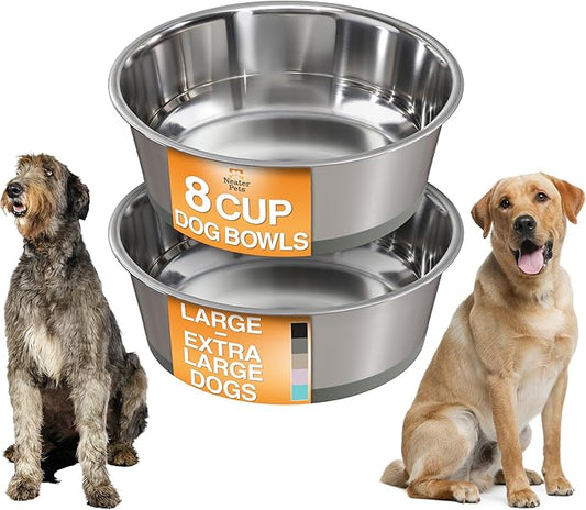 Neater Pet Brands Stainless Steel Dog Bowls with Non-Slip Rubber Bottom – Set of 2, 8 Cup (64 oz), Gray - Heavy Duty Metal Dog Bowl, Dishwasher Safe, Food or Water Bowl, Ideal for Large Dogs