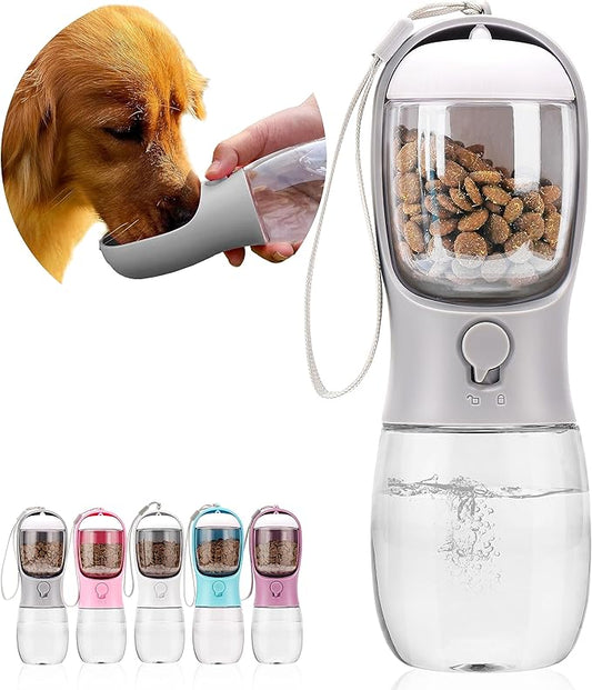 Dog Water Bottle with Food Container, Portable Leak Proof Pet Water Dispenser for Walking Hiking Travel, Puppy Essentials Accessories for Small Large Dogs, Dog Gifts (10oz/15oz/19oz)
