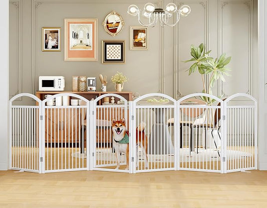 Folding No-Assembly Freestanding Dog Gate with Door,32" Heights Foldable Pet Fence,144" Extra Wide Accordion Puppy Folding Playpen for Doorways,House,Stairs (6 Panels,White)