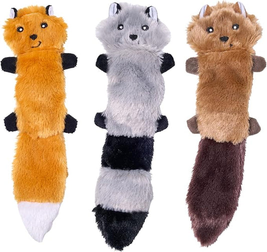 ZippyPaws Skinny Peltz - No Stuffing Dog Toy Pack to Keep Them Busy, for Small and Medium Dogs, Squeaky Pet Toys, Unstuffed Chew Toys, Soft Plush Variety Pack, Fox, Raccoon, and Squirrel - 11"