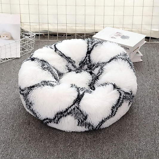 Calming Dog Bed for Small Dogs, Calming Donut Cuddler Pet Bed Anti Anxiety Round Dog Bed Fluffy Plush Faux Fur Cat Bed,Black+White,35.5IN