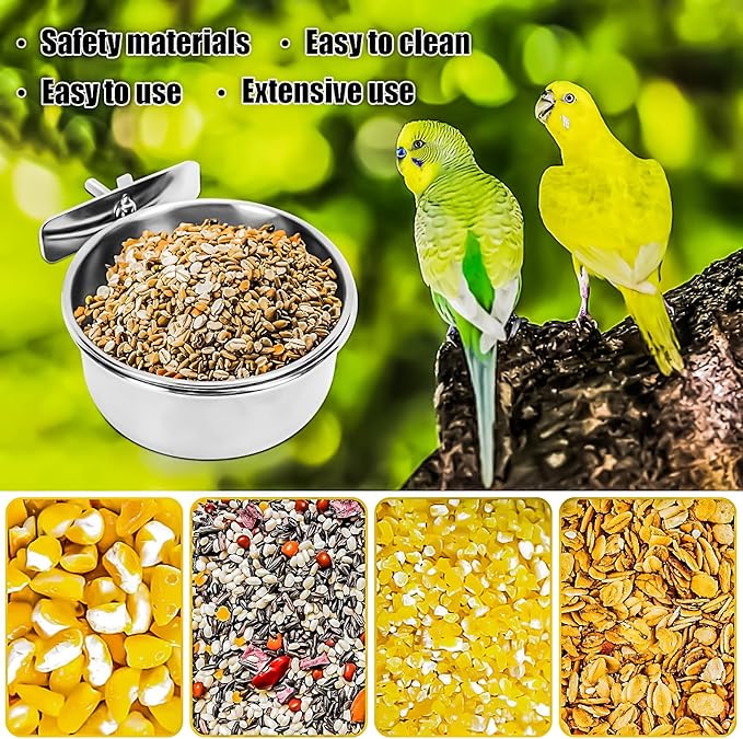 MotBach 2 Pack Bird Feeding Bowls Cups Parrot Food Water Dishes, Stainless Steel Bird Bowl Cup Dish with Clamp, Birdcage Feeder Pet Cage Bowls for Cockatiel Budgie Conure Macaw Parakeet Small Animal