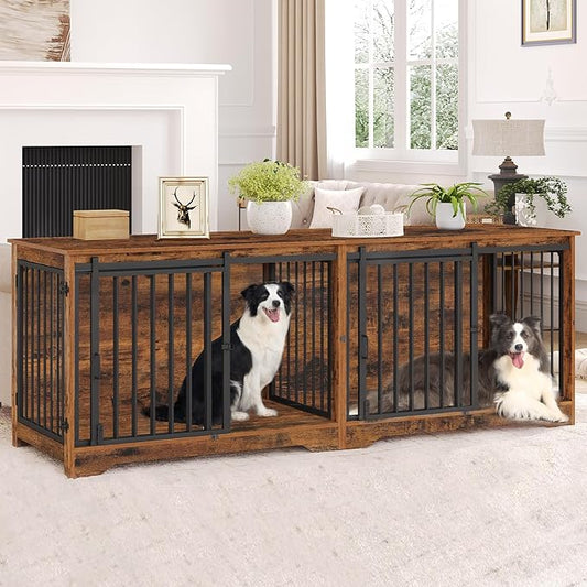 78" Dog Crate Furniture for 2 Dogs, Double Dog Cage with Divider, Wooden Heavy Duty Dogs Kennel, Pet Cage with Barn Door, TV Stand for Large Small Medium Dogs, Rustic Brown DFC83701BV1
