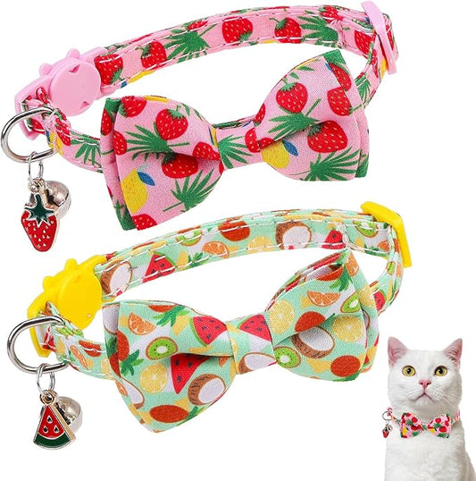 Cat Collar with Bell Bow Tie Fruit Breakaway Bowtie Cat Collar for Spring Summer, Adjustable Safety Kitten Collars with Removable Bowtie & Charm for Boys Girls Male Female Cats