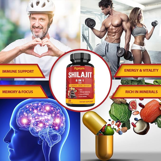 Shilajit Himalayan Supplement for Men & Women - 150 Capsules Combined Ashwagandha, Ginseng, Saw Palmetto, Maca, Tribulus, Chaga & Black Pepper - Vitality Energy and Immune Supports