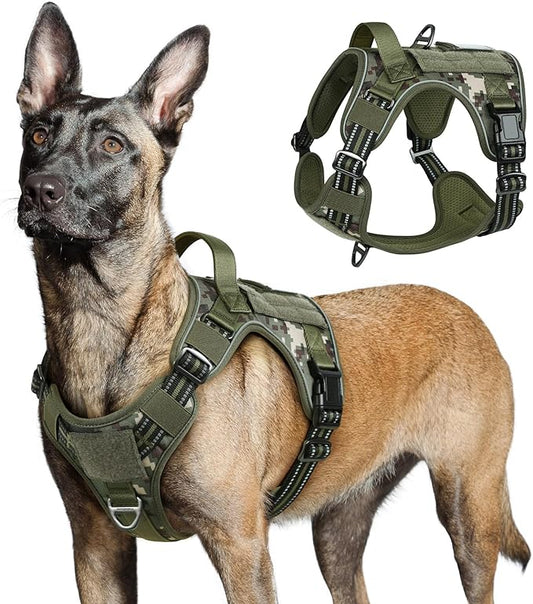 rabbitgoo Tactical Dog Harness for Large Dogs, No Pull Military Service Vest with Handle & Molle, Easy Control for Training Walking, Adjustable Reflective Straps, Green camo, L
